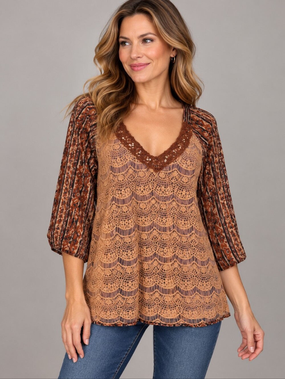 BKE Crochet Lace Chiffon Aztec Print V-Neck Top